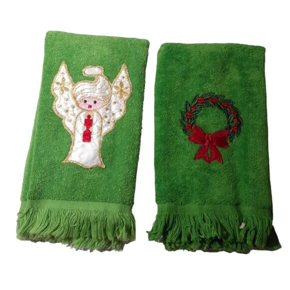 Vintage Christmas Fingertip Towels Fringe Edge Applique Embroidered Angel Wreath - Picture 2 of 6